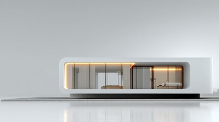 Futuristic minimalist house design; sleek, curved white structure with glass walls & warm interior lighting