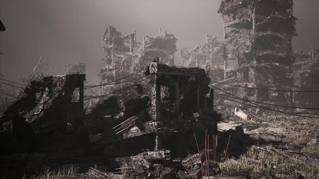 A devastated city bears the scars of military action, with crumbling buildings and debris scattered throughout. The landscape is bleak, highlighting the extent of destruction and chaos left behind.