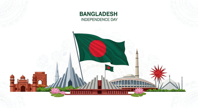 Bangladesh national identity represented through landmarks and flag.