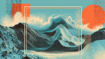 Abstract landscape with teal mountains, swirling clouds, and a vibrant sun, framed by geometric shapes