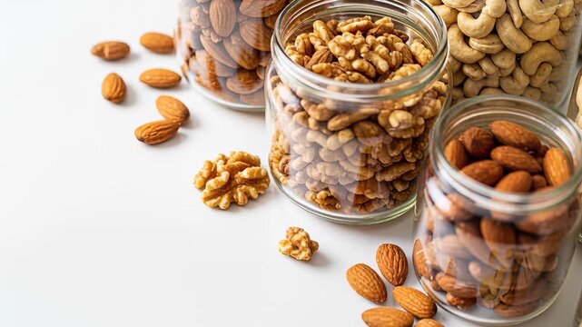 assorted nuts in glass jars on white background showcasing healthy snack options