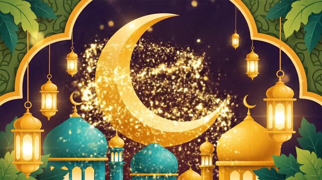 Glowing crescent moon with sparkling particles over colorful mosque domes and lanterns at nighttime, set against a dark background with lush greenery. Possible use for Ramadan or Islamic celebration