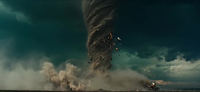 Storm tornado vortex destruction of wooden house structure against dark cloudy sky