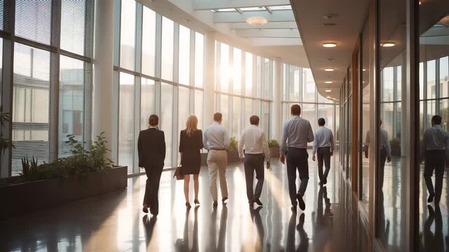 Diverse business professionals walking through a modern sunlit office hallway with large windows and reflections on the polished floor