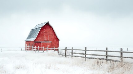 Red barn in winter, snow-covered landscape with a rustic wooden fence
