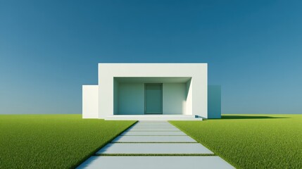 Minimalist white house on grassy field with stone path