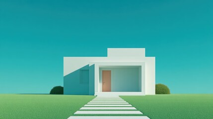 Minimalist white house with a light brown door, set against a vibrant teal sky and lush green lawn, accessed by a white stone path