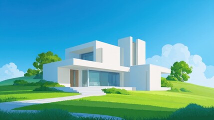 Modern white house on a green hill under a bright blue sky