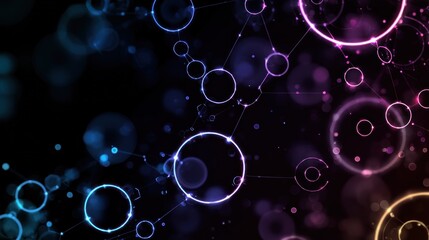 Abstract network of glowing circles and lines on dark background