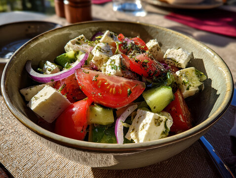 A bright, casually styled iPhone 16 pro photo of a Greek salad in a dark green ceramic bowl on a table The vibrant and fresh ingredients include diced red onions, cherry tomatoes, cucu - AI-Generated