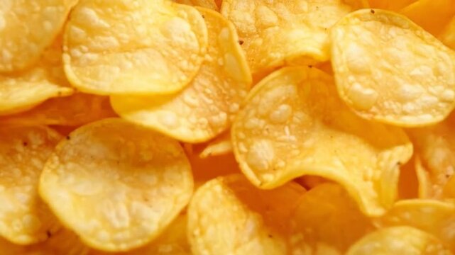 Close-up shot of golden, crispy potato chips, perfect for a snack or party.