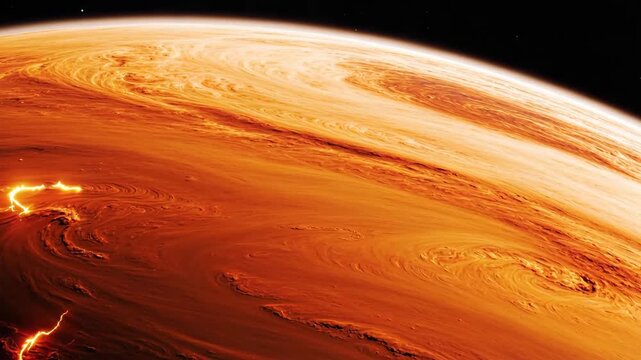 Massive gas giant planet with swirling crimson and ochre atmospheric clouds, viewed from low orbit with intense lightning storms flickering within the
