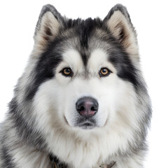 Fototapeta premium A cute young Siberian Husky and Alaskan Malamute puppy with white and black fur looking like a little wolf dog isolated in a portrait