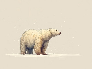 Fototapeta premium Polar bear standing on two legs, lowered head, white fur blending with snowy environment, thin contour-line illustration style, soft diffused lighting, gentle snowfall, realistic styliz - AI-Generated
