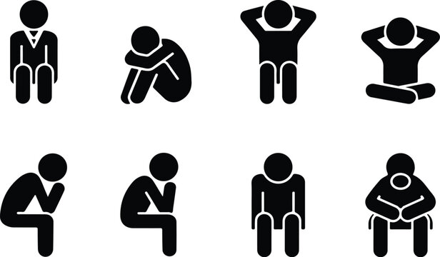 Sitting Postures Stick Figure Silhouette Icon Set Body Language Sitting Pose Silhouette Vector Pack