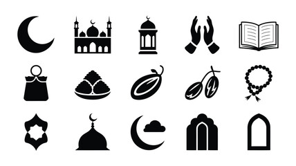 Collection of islamic icons and symbols in silhouette crescent moon mosque lantern praying hands holy book prayer mat dates beads geometric patterns dome cloud archway representing faith