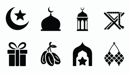 Obraz premium Elegant islamic eid ul fitr holiday icons set collection featuring crescent moon star mosque dome traditional lantern holy quran stand with prayer beads gift box dates archway entrance