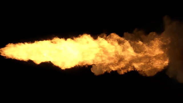 Intense orange fire jet stream in black smoke plume render on dark background