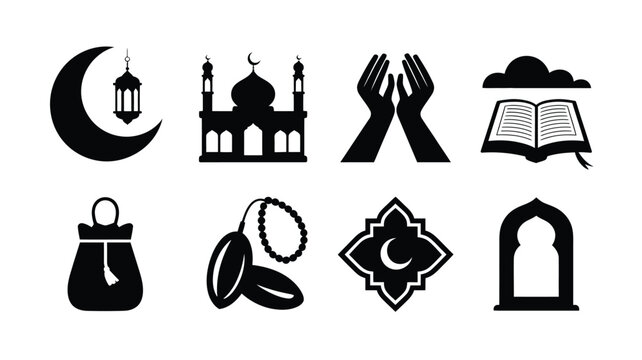 Collection of islamic cultural icons and symbols in silhouette representing prayer faith and religious celebration featuring a crescent moon with lantern mosque praying hands holy book