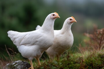 Fototapeta premium Two white hens in lush green landscape