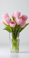 Pink tulips in glass vase on white background