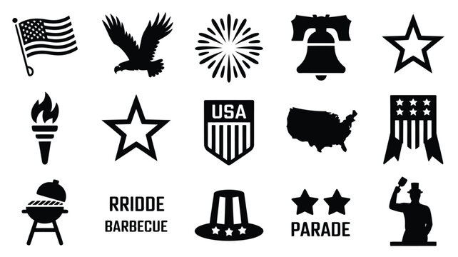 Collection of american independence day icons and symbols representing patriotism celebration and national pride featuring a flag eagle fireworks liberty bell stars torch usa emblem map