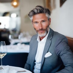Naklejka premium Caucasian mature male in stylish suit dining elegantly at upscale restaurant