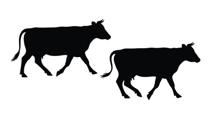 Silhouettes of two cows walking depicted in a simple black and white style