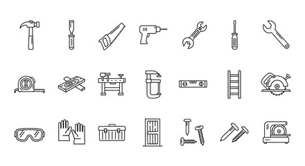 Collection of black and white line art icons depicting various tools © Sagor