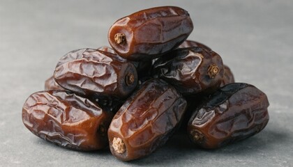 A close-up, still-life photograph features a small pile of Medjool dates arranged on a plain, neutral gray surface. The dates are plump and wrinkled, showcasing their rich, deep brown,