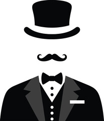 Gentleman silhouette illustration, vintage fashion icon, top hat mustache graphic, bow tie suit design, classic style vector artwork, formal attire symbol © Retu
