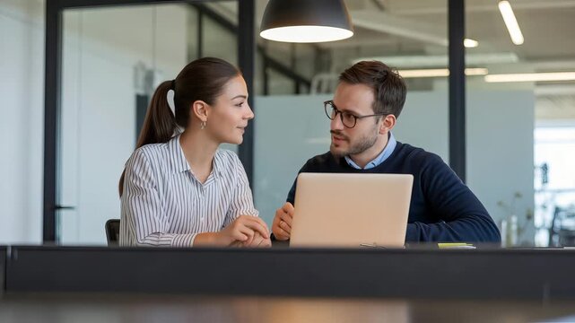 Young professional colleagues collaborating on laptop in modern office meeting discussing business ideas sharing knowledge teamwork and communication