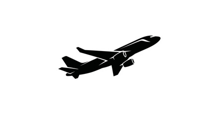 Silhouette of an airplane taking off or flying, symbolizing air travel and global journey, isolated white background.