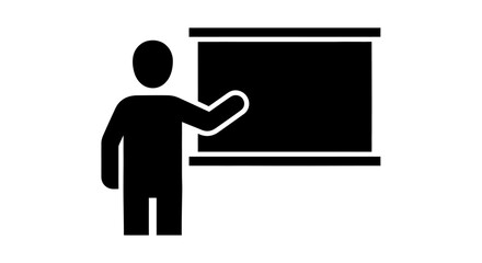 Silhouette of a person presenting on a blackboard, symbolizing education, teaching, and professional instruction, isolated white background.