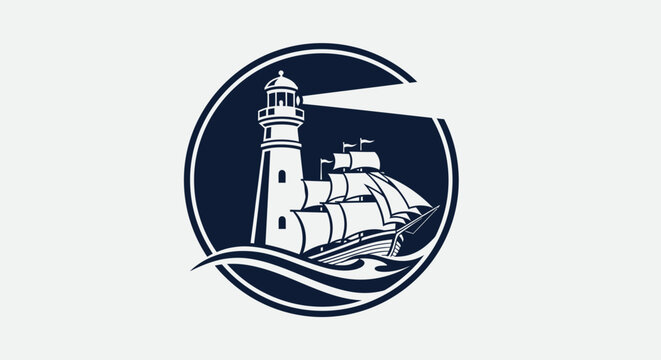 Nautical emblem with classic lighthouse and sailing ship on waves, symbolizing guidance and adventure, isolated white background.