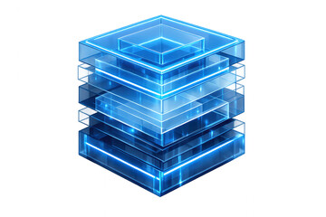 Blue glowing glass layers forming a data cube representing server storage, blockchain, and digital technology concepts