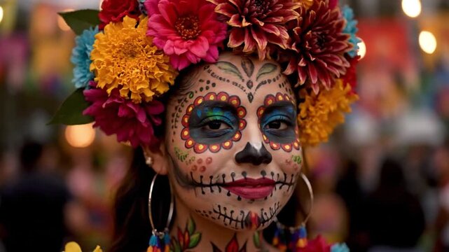 A young Hispanic woman with colorful flower crown and intricate sugar skull makeup. She wears large earrings and has visible tattoos on her neck.