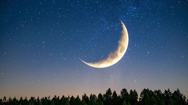 A crescent moon shines brightly in the night sky above a dark forest, a beautiful celestial view.