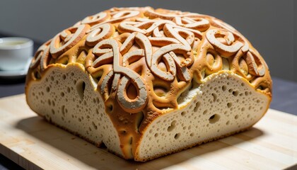 Artisan Bread with Intricate Decorative Crust Patterns Showcasing Culinary Craftsmanship on Wooden Cutting Board