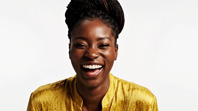 A joyful woman laughing out loud in a bright yellow shirt on a white background in a video