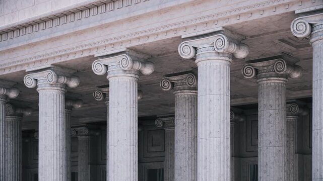 Classical marble Ionic columns passing in a smooth, seamless loop animation. Legal concepts, banking foundations, financial, and government backgrounds.