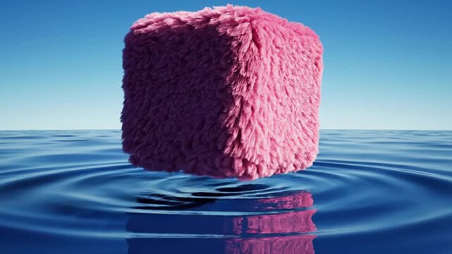 Furry pink cube floating on calm water surface. Soft texture contrasts with tranquil blue background. Unique art piece creates serene atmosphere for creative projects.