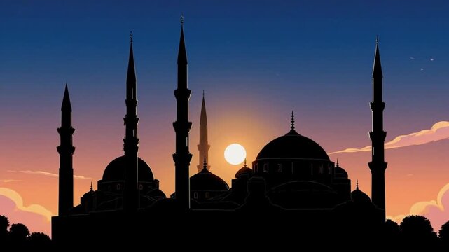 Mosque silhouette at sunset with minarets and domes in a serene landscape