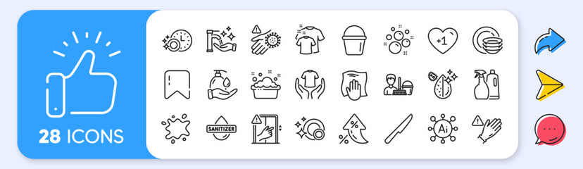 Obraz premium Cleaning service, Shampoo and spray and Clean bubbles line icons. Interest rate, AI generate, Inflation icons. Pack of Dirty water, Washing cloth, Dishwasher timer icon. Vector