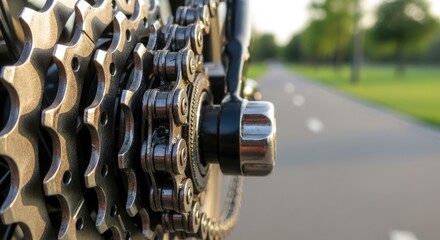 Fototapeta premium Close-up of bicycle gears and chain with blurred road in background.