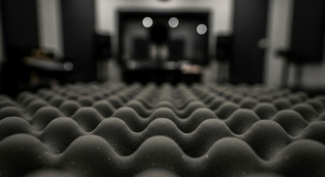 Acoustic foam panel in a recording studio with blurred background.