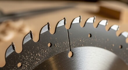 Close-up of a sharp circular saw blade with visible teeth and metal texture.
