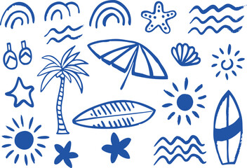 Obraz premium A collection of blue beach icons on a white background including umbrella palm tree and surfboard