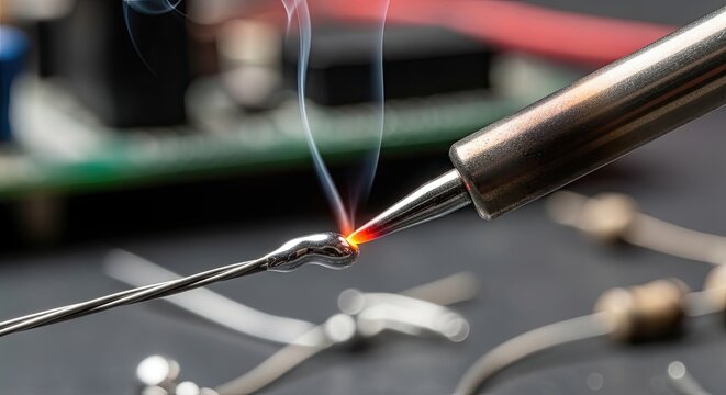 Close-up of soldering iron melting solder wire with smoke, electronic circuit board in background.