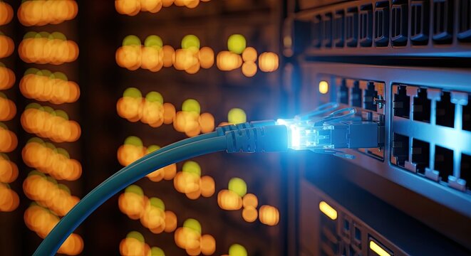 Close up of an ethernet cable glowing blue, plugged into a network switch with many orange lights in the background.